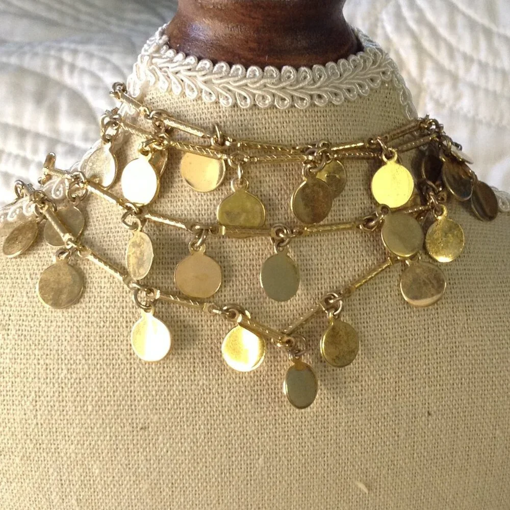 VTG Gold Toned Coin Disc Statement Necklace; Fairycore, 70"s Chic, Avant Garde, - Picture 2 of 4